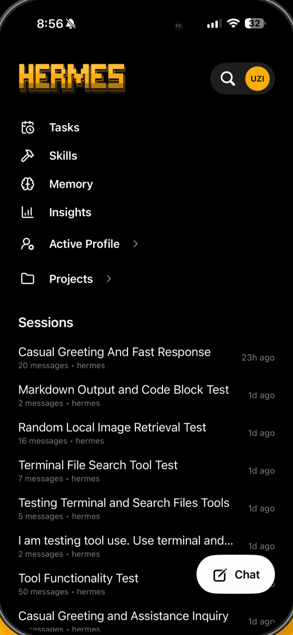 The Hermex app showing a list of live Hermes sessions, with Tasks, Skills, Memory, Insights, and Projects.